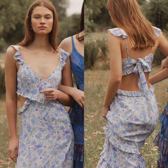 ASTR the Label Cassis Floral Ruffle Maxi Dress Light Blue Cutout XS Boho - Picture 4 of 13